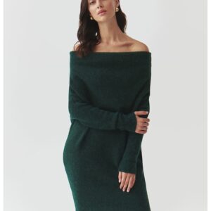 Rochie midi de lana cu decolteu pe umeri