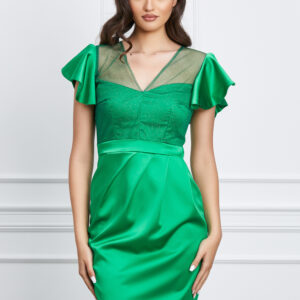 Rochie Moze verde din satin cu glitter la bust